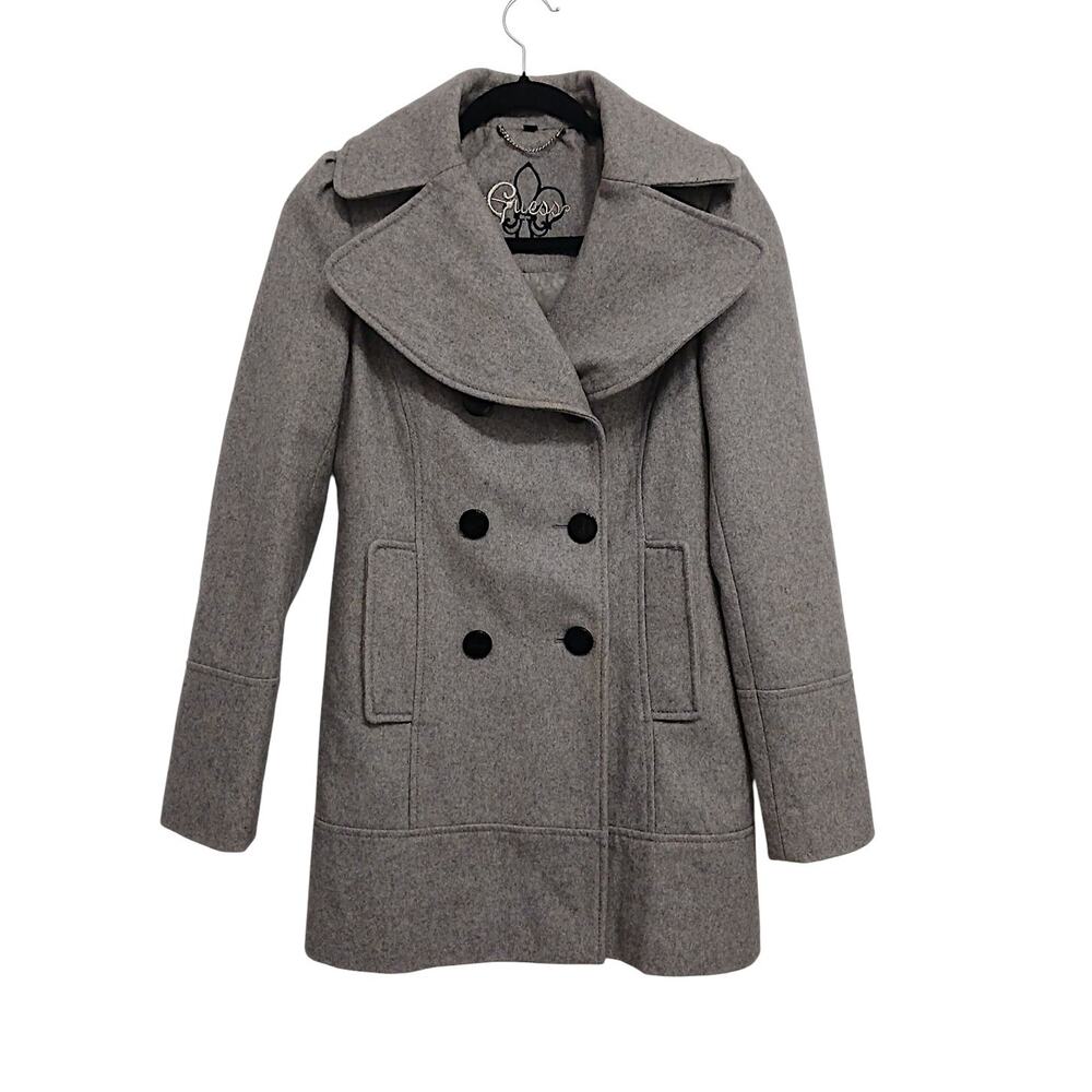 Guess Wool Pea Coat Womens Sz S Gray Double Breasted Large‎ Lapel Collar Preppy